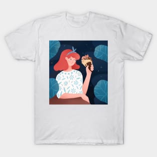 Cute girl with ice cream plants and cats, version 1 T-Shirt